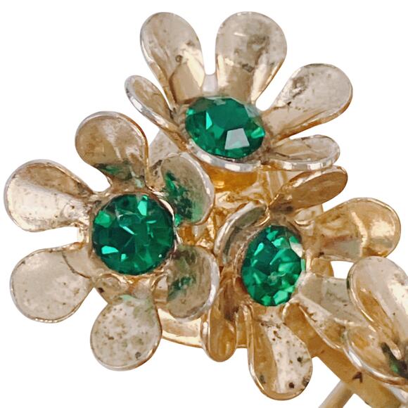 Vintage Signed Coro 1950s Brooch Green Rhinestone Floral Gold Tone Pin Sparkly - Picture 6 of 11